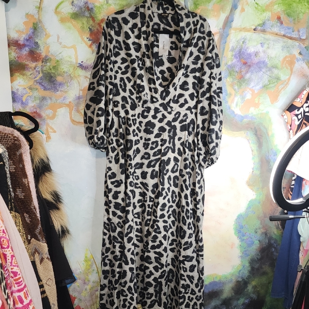Black and Gray Plunge Maxi Dress with Bishop Sleeves